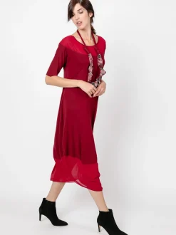Abito lungo con inserti in chiffon BORDEAUX